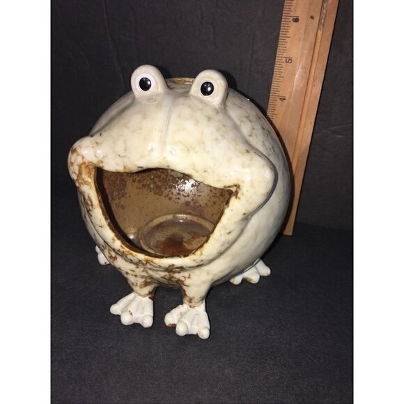 Frog Art Pottery Toothbrush Holder Cream Brown Spotted Toad Neutral Vase Flower - Picture 8 of 8